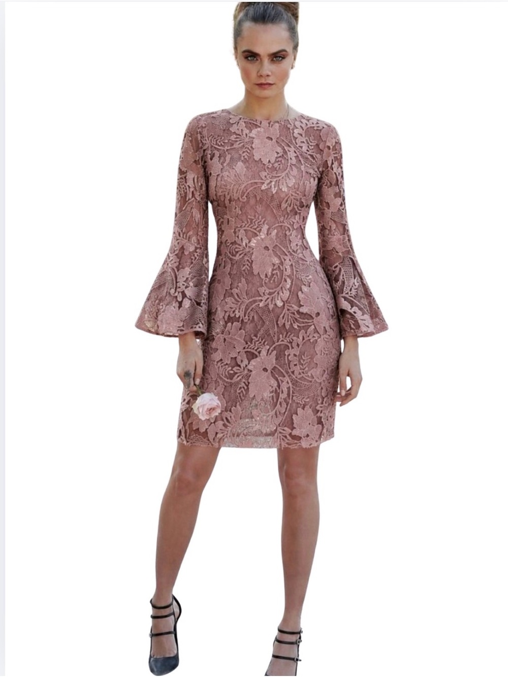 Badgley Mischka Dusty Rose Lace Floral Bell-Sleeve Dress